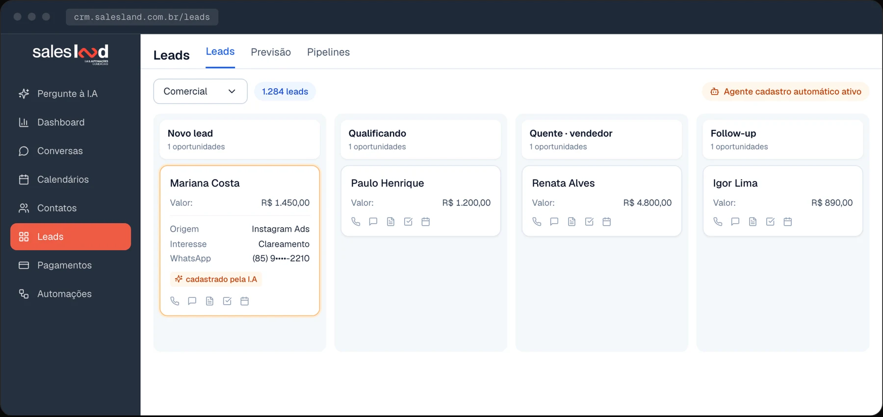 CRM da Sales Land com o agente de cadastro automático ativo